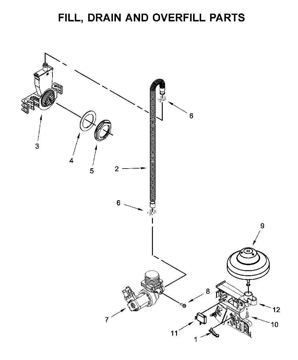 Fill, drain and overfill parts Diagram and Parts List for WDP370PAHW1  Whirlpool Dishwasher