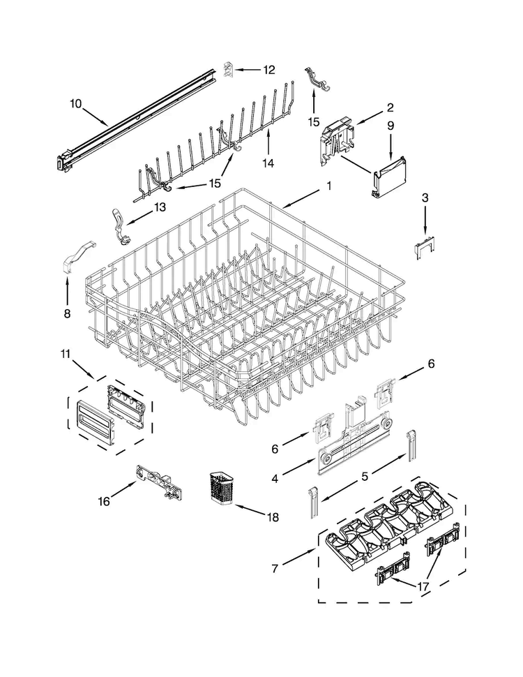 Upper Rack And Track Parts Diagram and Parts List for KUDS30SXSS9  KitchenAid Dishwasher