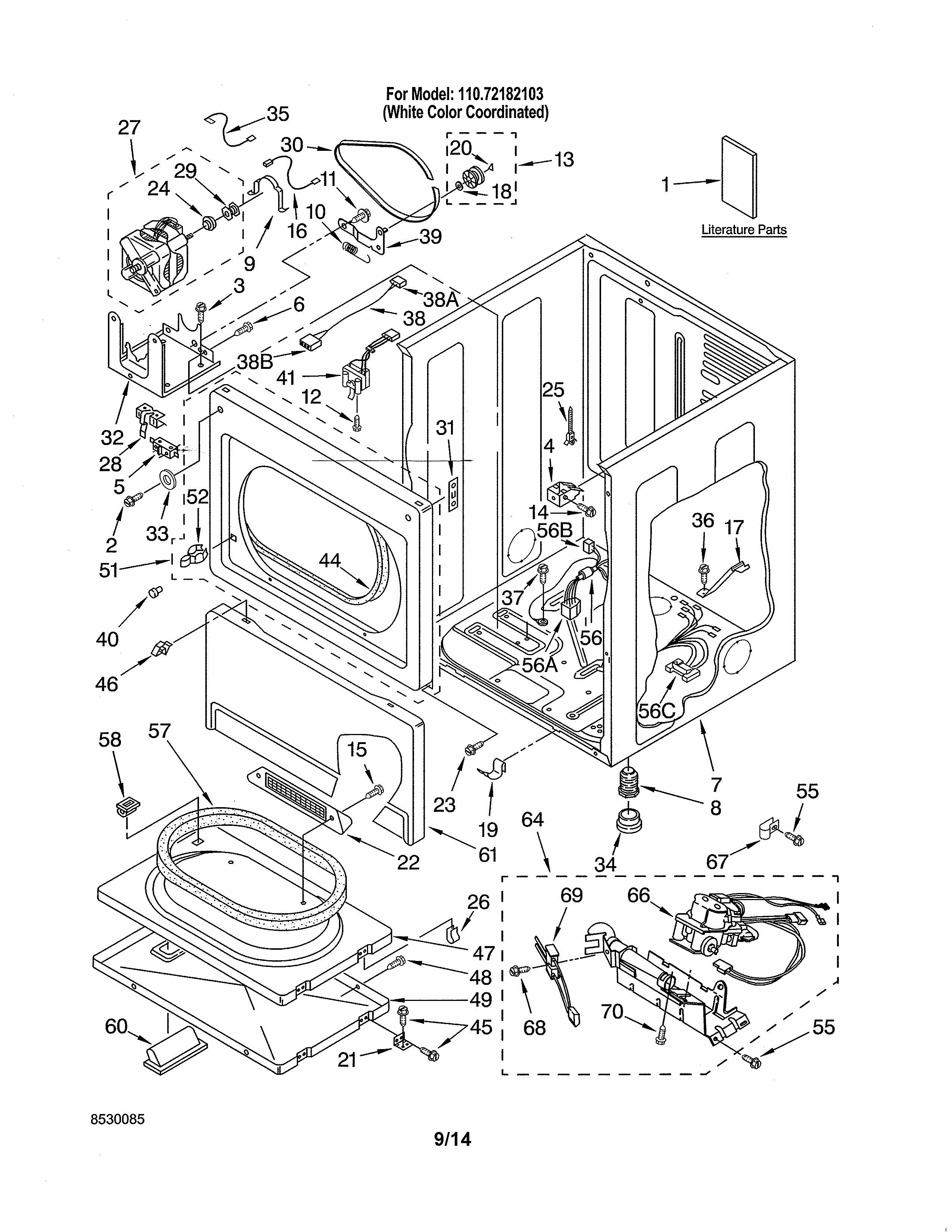 Lower Cabinet/front Panel Diagram and Parts List for 11072182103  Kenmore Dryer