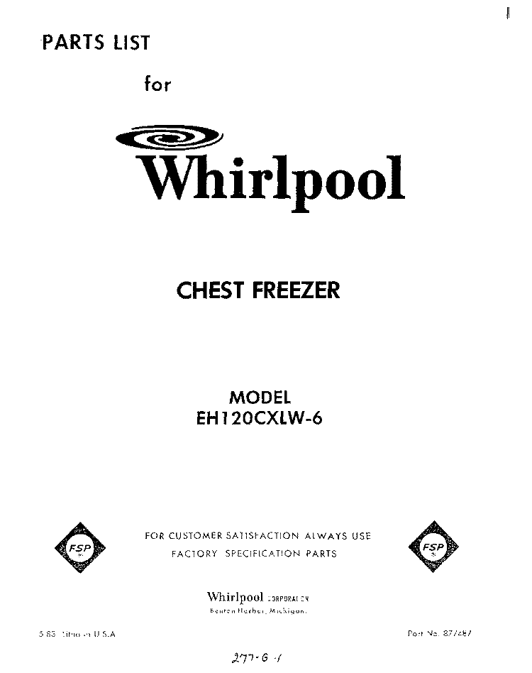 SECTION Diagram and Parts List for EH120CXLW6  Whirlpool Freezer