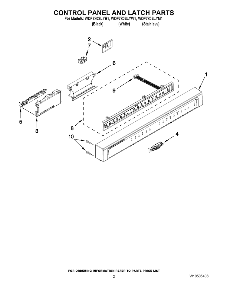 CONTROL PANEL AND LATCH PARTS Diagram and Parts List for WDF780SLYB1  Whirlpool Dishwasher