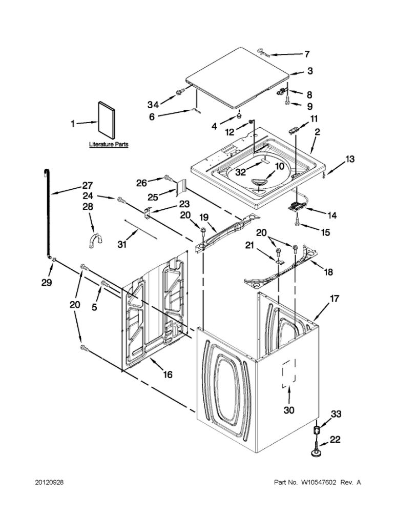 Top And Cabinet Parts Diagram and Parts List for 11021182013  Kenmore Washer