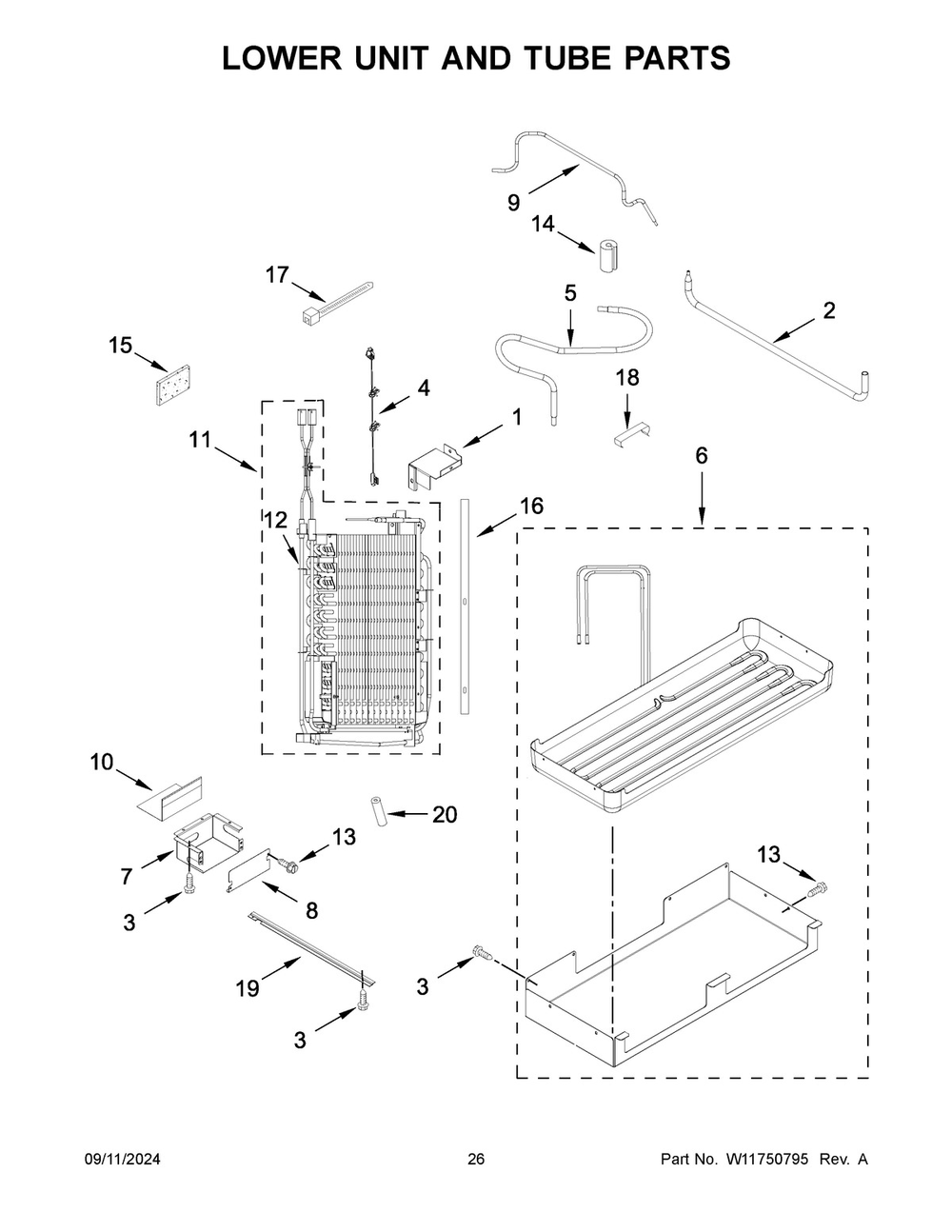 14 - Lower Unit And Tube Parts Diagram and Parts List for JBSS42E22L01  Whirlpool Refrigerator