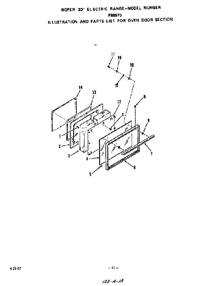 Oven Door Diagram and Parts List for F8857*0  Roper Range