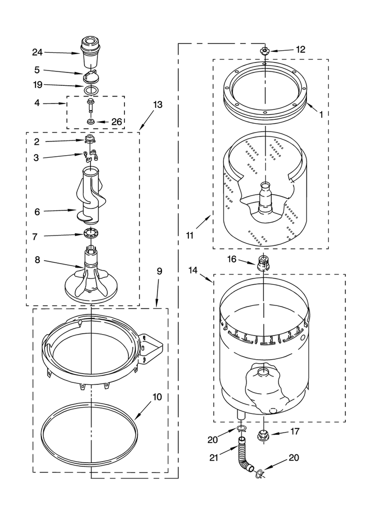 Agitator, Basket And Tub Parts Diagram and Parts List for 11087842700  Kenmore Washer Dryer Combo