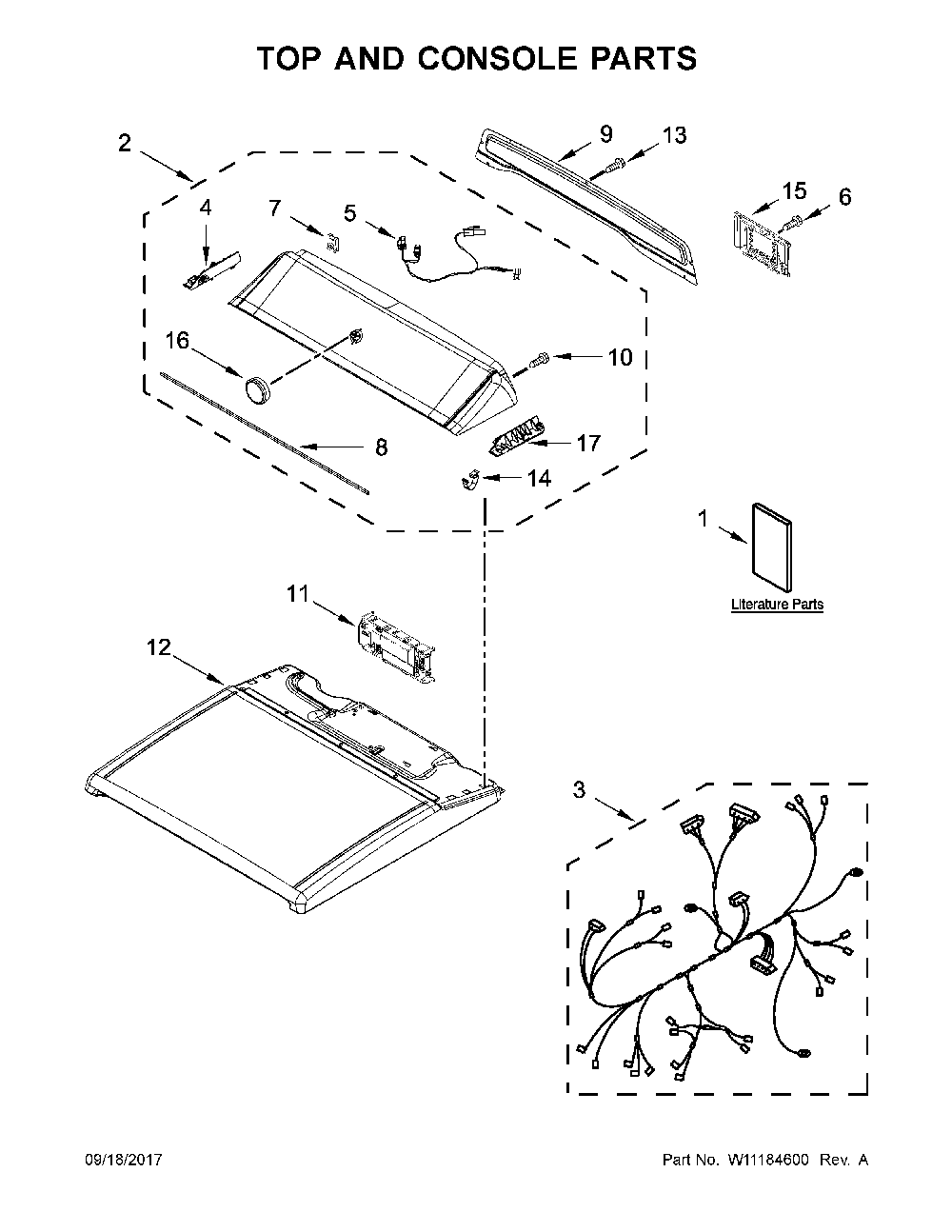 Top and console parts Diagram and Parts List for 110C68132413  Kenmore Dryer