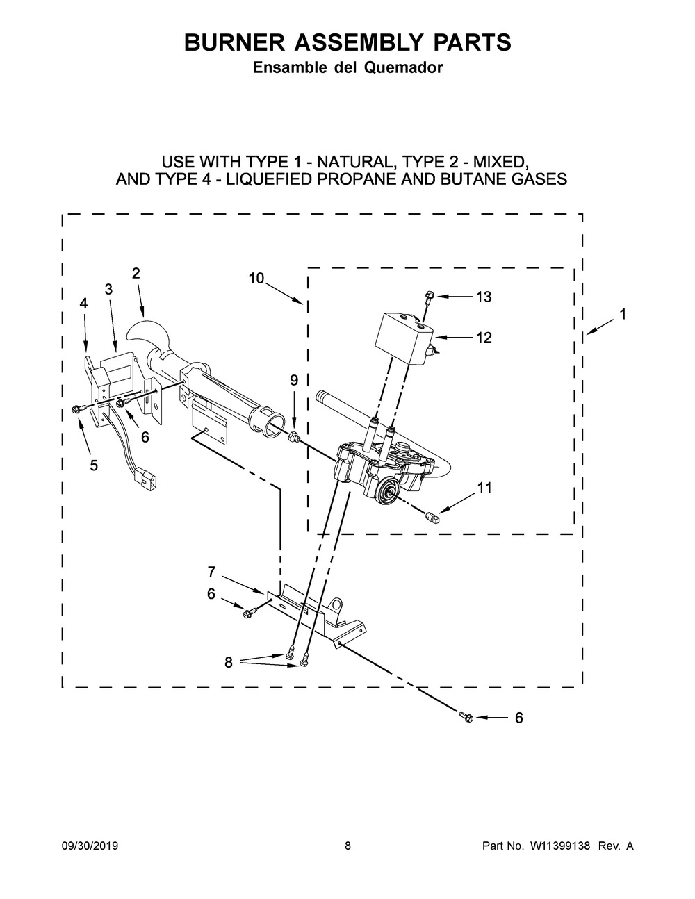 Burner Assembly Parts Diagram and Parts List for 7MWGD2140JB0  Whirlpool Dryer