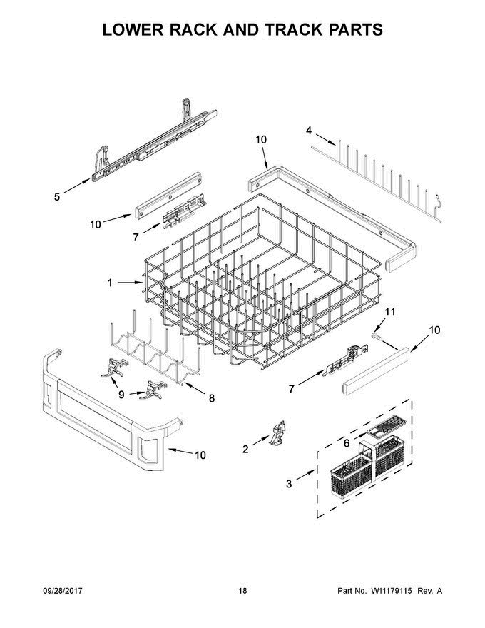 10 - Lower Rack And Track Parts Diagram and Parts List for KDTM804EBS2  KitchenAid Dishwasher