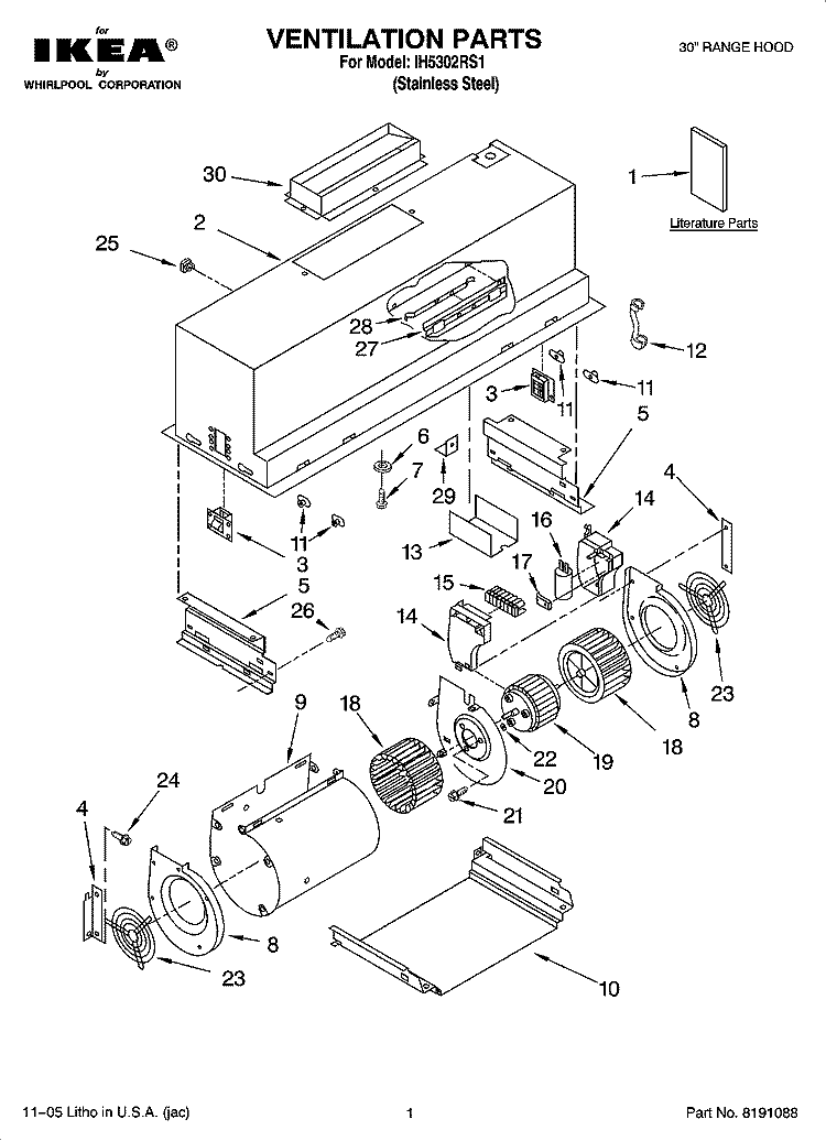 VENTILATION PARTS Diagram and Parts List for IH5302RS1  Whirlpool Range Hood