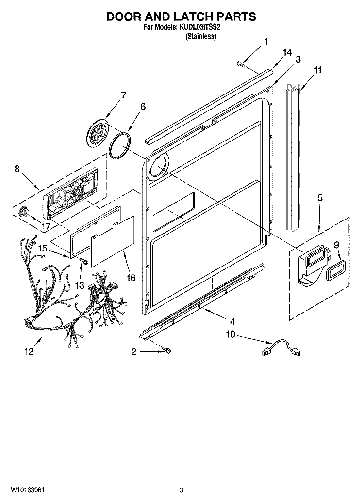 DOOR AND LATCH PARTS Diagram and Parts List for KUDL03ITSS2  KitchenAid Dishwasher