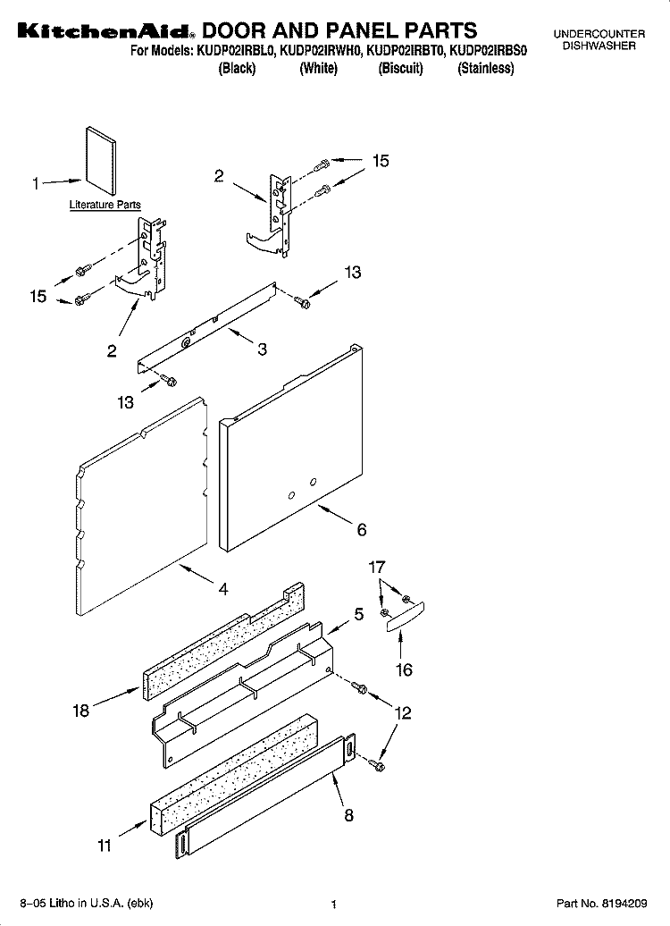 DOOR AND PANEL PARTS Diagram and Parts List for KUDP02IRWH0  KitchenAid Dishwasher