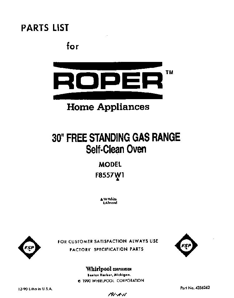 Front Cover Diagram and Parts List for F8557*1  Roper Range