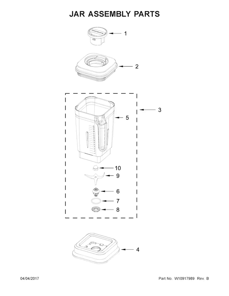 Jar Assembly Parts Diagram and Parts List for 5KSB8270BCA0  KitchenAid Blender