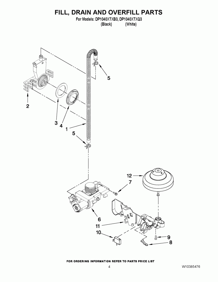 FILL, DRAIN AND OVERFILL PARTS Diagram and Parts List for DP1040XTXB3  Whirlpool Dishwasher