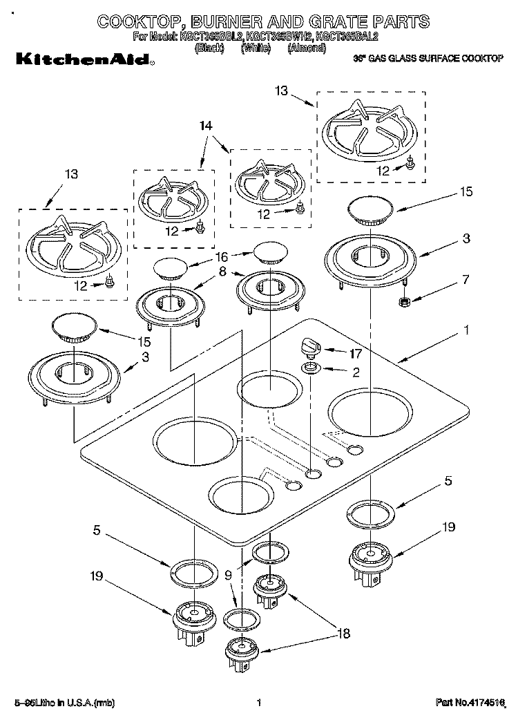 COOKTOP, BURNER AND GRATE Diagram and Parts List for KGCT365BBL2  KitchenAid Cooktop