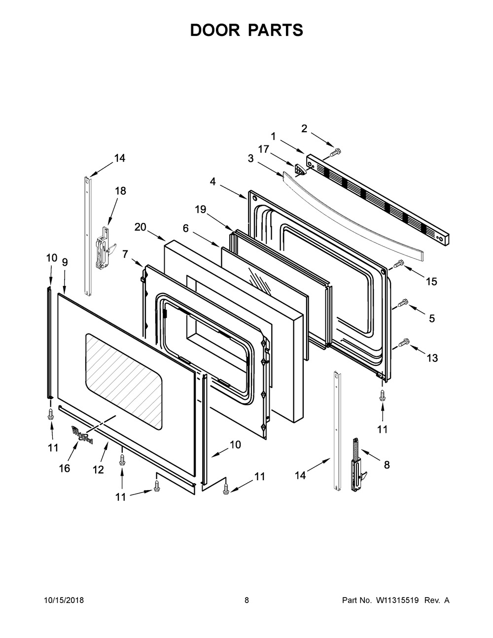 Door Parts Diagram and Parts List for WFE525S0HB1  Whirlpool Range