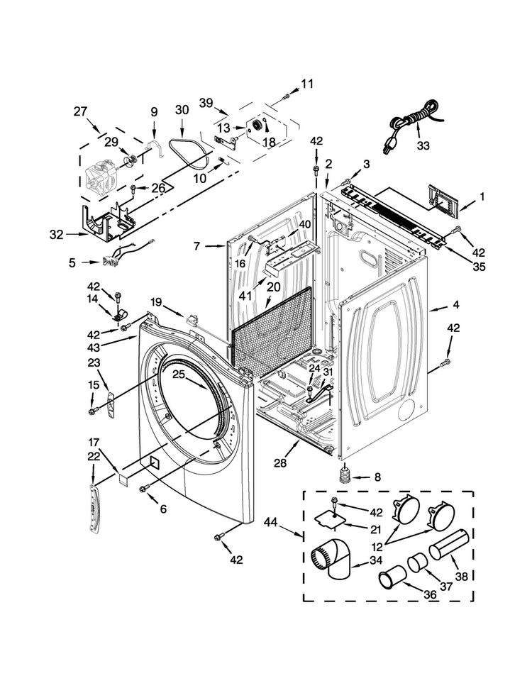 Cabinet Parts Diagram and Parts List for WGD8740DW1  Whirlpool Dryer
