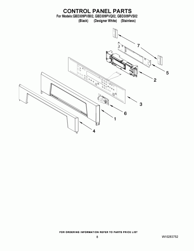 CONTROL PANEL PARTS Diagram and Parts List for GBD309PVS02  Whirlpool Wall Oven