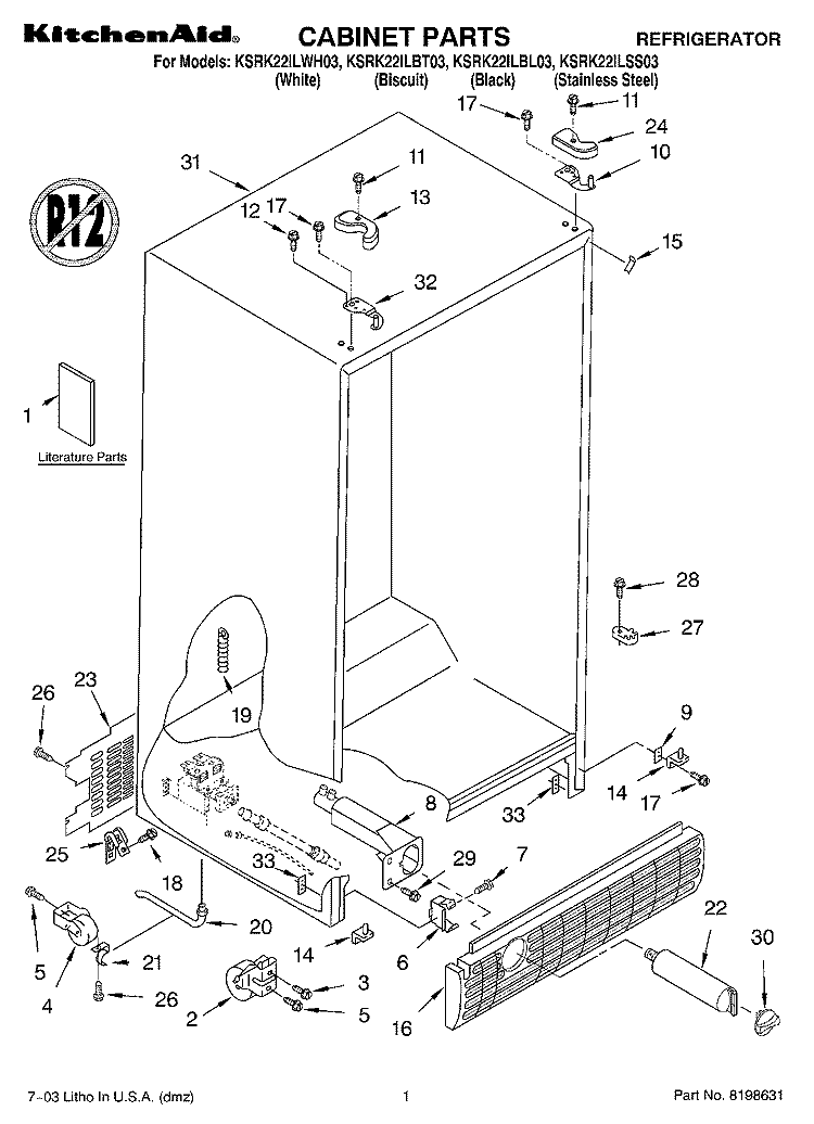 CABINET PARTS Diagram and Parts List for KSRK22ILBT03  KitchenAid Refrigerator