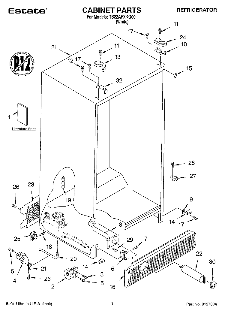 CABINET, LITERATURE Diagram and Parts List for TS22AFXKQ00  Estate Refrigerator