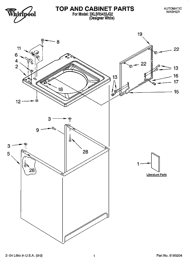 TOP AND CABINET PARTS Diagram and Parts List for 3XLBR5432JQ2  Whirlpool Washer