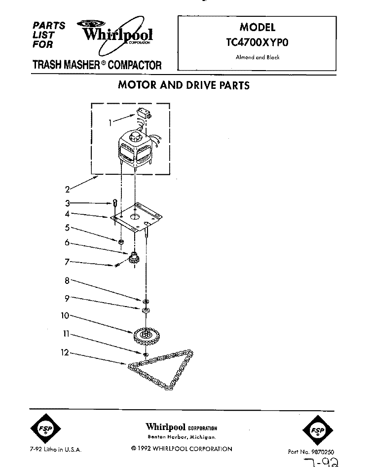MOTOR AND DRIVE, LIT/OPTIONAL Diagram and Parts List for TC4700XYP0  Whirlpool Trash Compactor