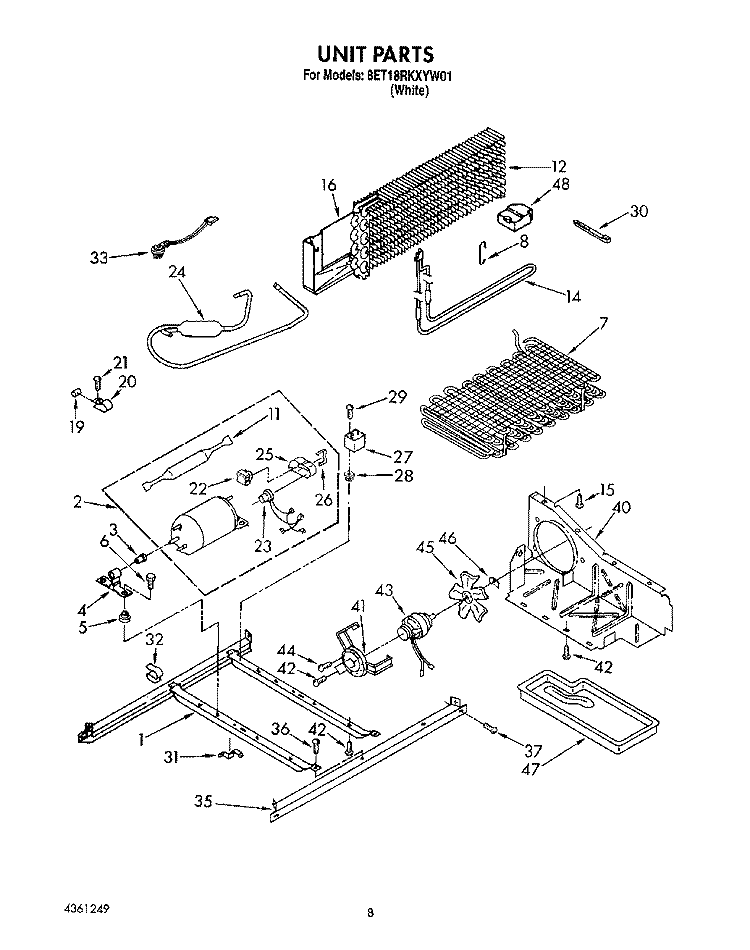UNIT Diagram and Parts List for 8ET18RKXYN01  Whirlpool Refrigerator