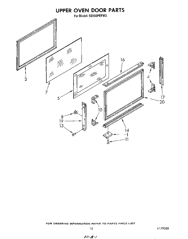UPPER OVEN DOOR Diagram and Parts List for SE960PEPW3  Whirlpool Range