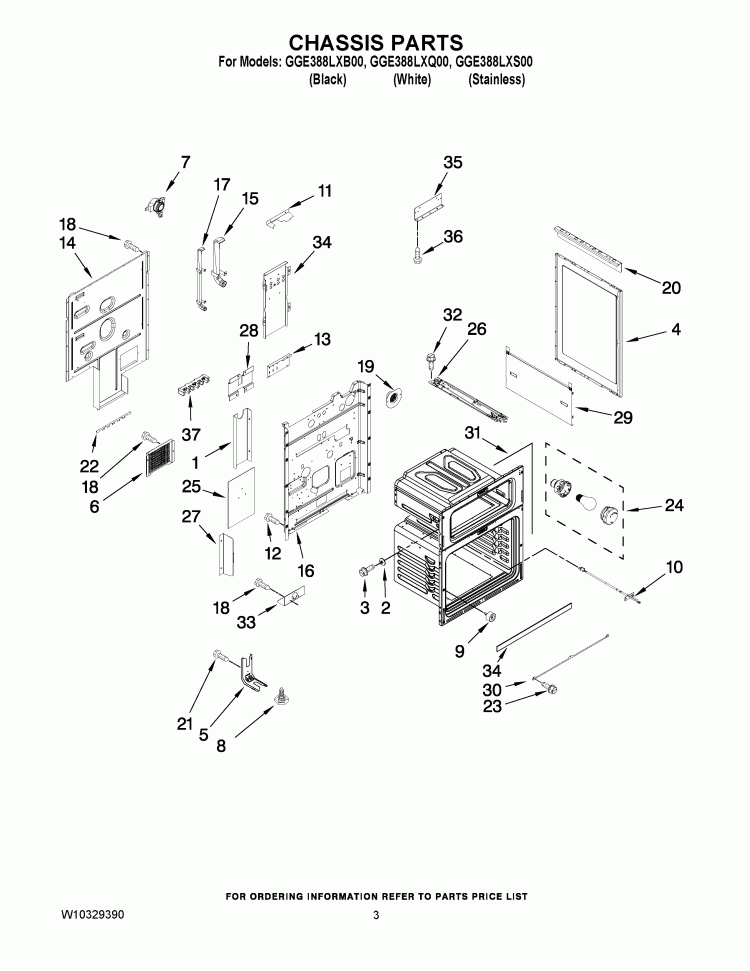 CHASSIS PARTS Diagram and Parts List for GGE388LXS00  Whirlpool Range