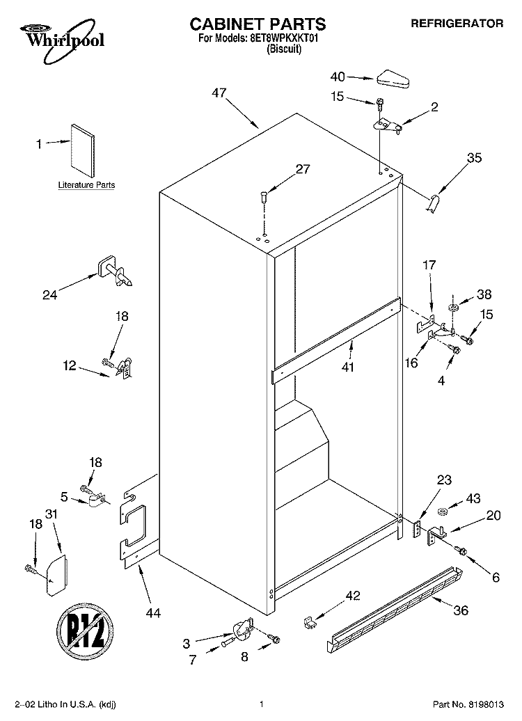 CABINET, LITERATURE Diagram and Parts List for 8ET8WPKXKT01  Whirlpool Refrigerator