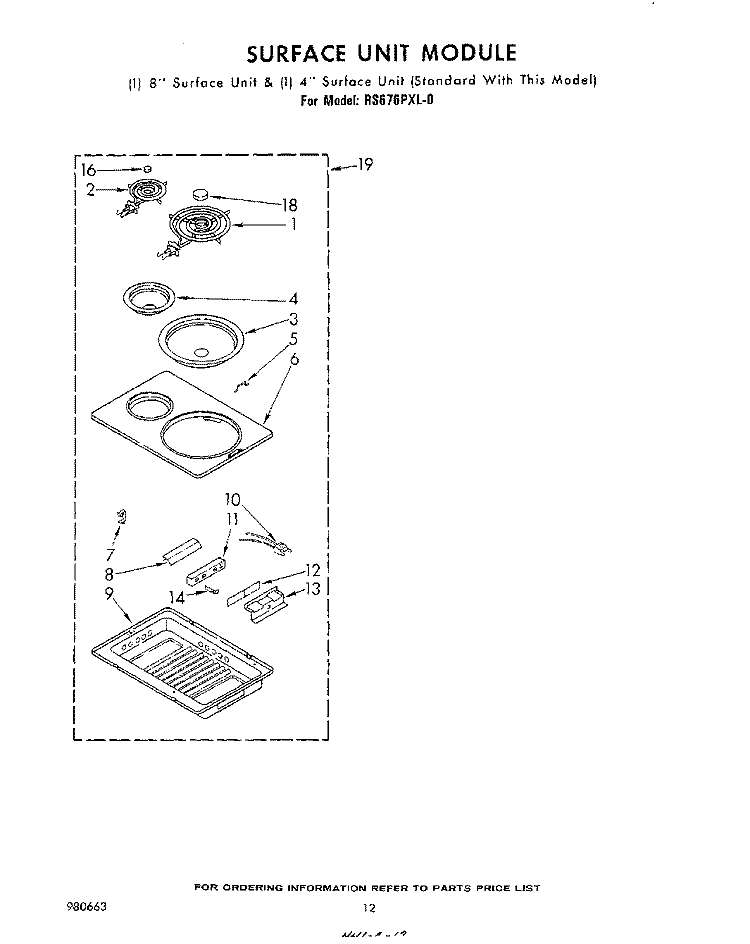 SURFACE UNIT Diagram and Parts List for RS676PXL0  Whirlpool Range