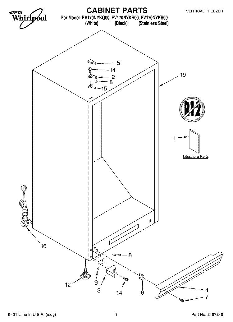 CABINET, LITERATURE Diagram and Parts List for EV170NYKS00  Whirlpool Freezer