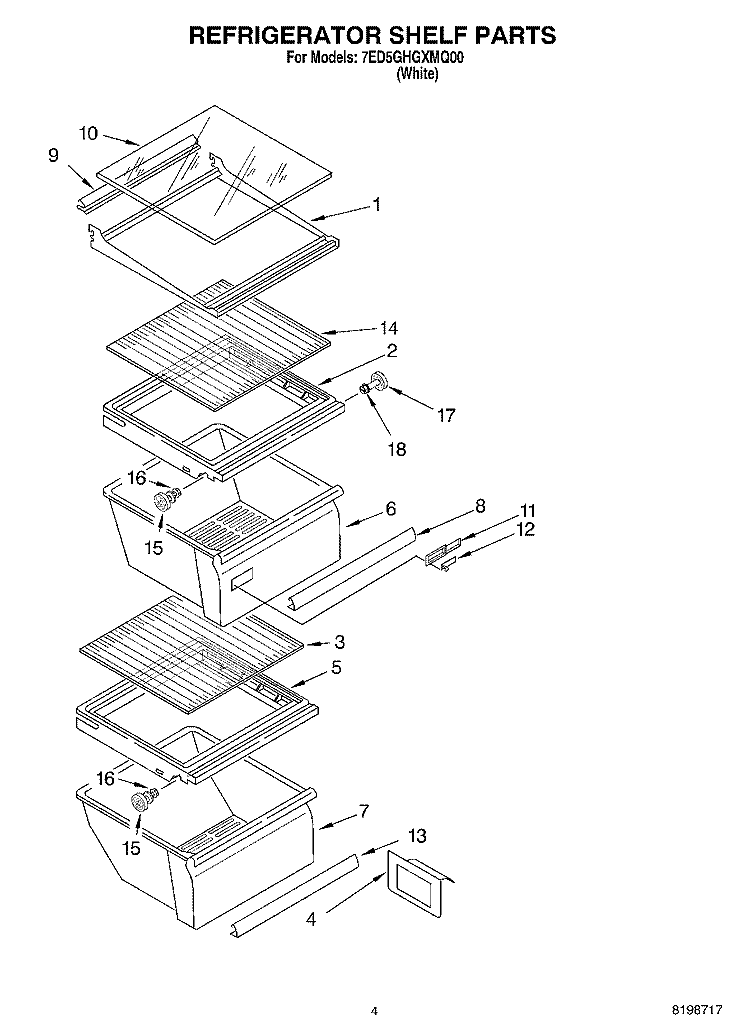 REFRIGERATOR SHELF PARTS Diagram and Parts List for 7ED5GHGXMQ00  Whirlpool Refrigerator