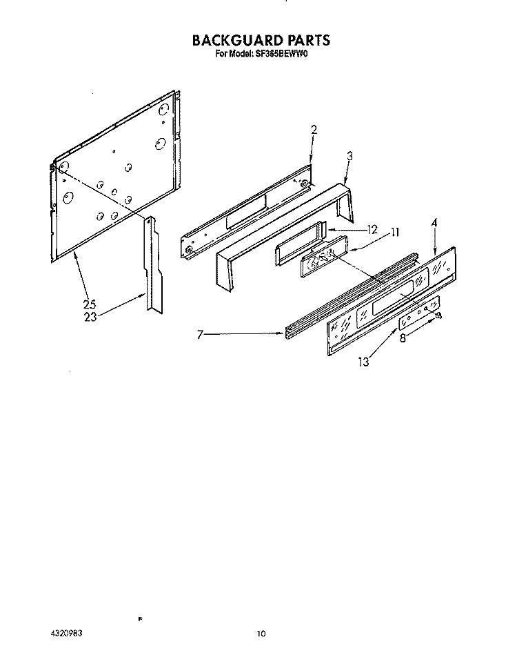 BACKGUARD, LITERATURE Diagram and Parts List for SF365BEWN0  Whirlpool Range