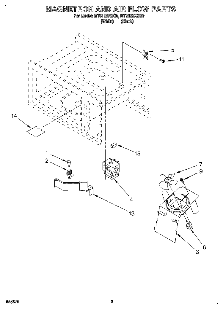 MAGNETRON AND AIR FLOW Diagram and Parts List for MT6125XBQ0  Whirlpool Microwave