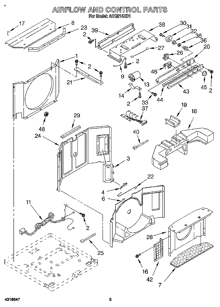 AIRFLOW AND CONTROL Diagram and Parts List for ACQ214XD1  Whirlpool Air Conditioner