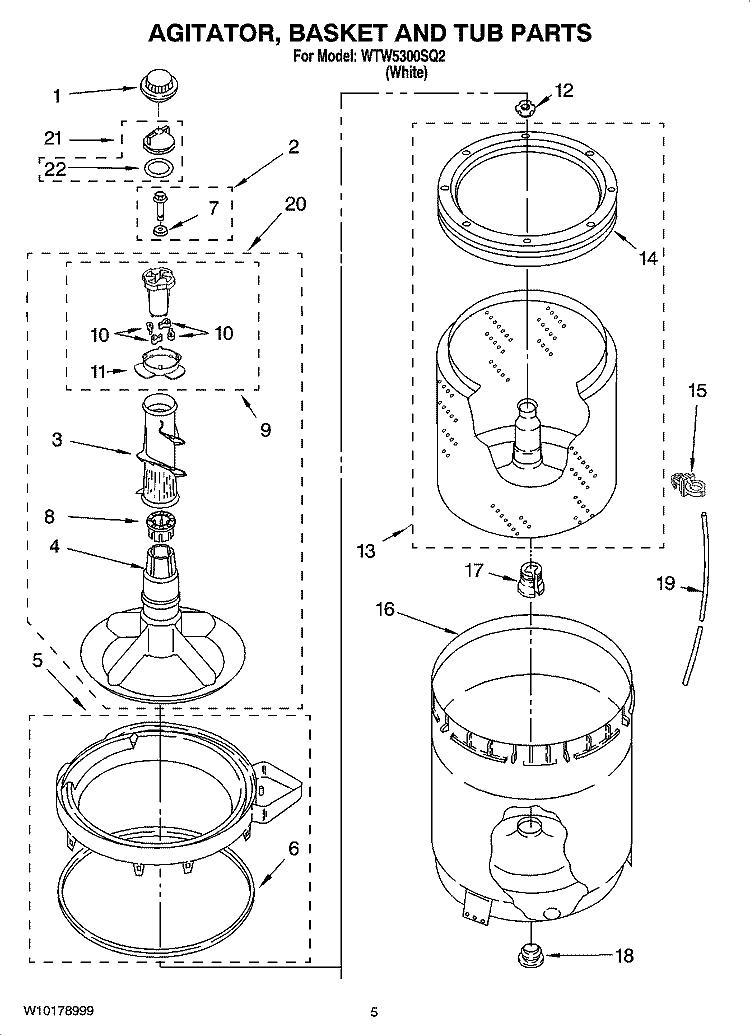 AGITATOR, BASKET AND TUB PARTS Diagram and Parts List for WTW5300SQ2  Whirlpool Washer