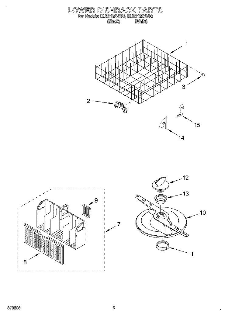 LOWER DISHRACK Diagram and Parts List for DU931SCGQ0  Whirlpool Dishwasher