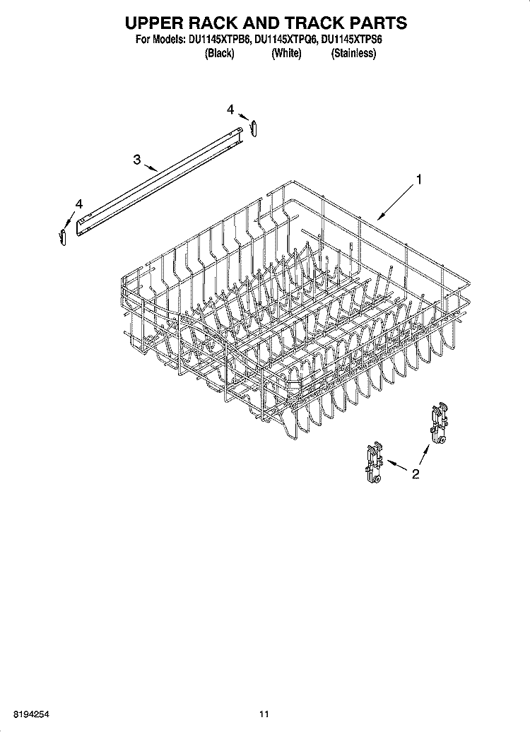 UPPER RACK AND TRACK PARTS Diagram and Parts List for DU1145XTPQ6  Whirlpool Dishwasher