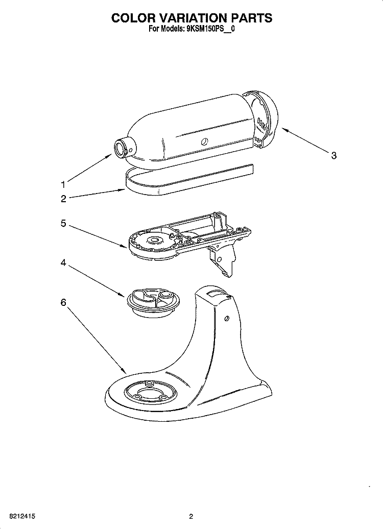 COLOR VARIATION PARTS Diagram and Parts List for 9KSM150PSOB0  KitchenAid Mixer