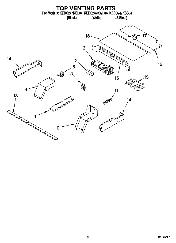 TOP VENTING PARTS, OPTIONAL PARTS Diagram and Parts List for KEBC247KBL04  KitchenAid Wall Oven