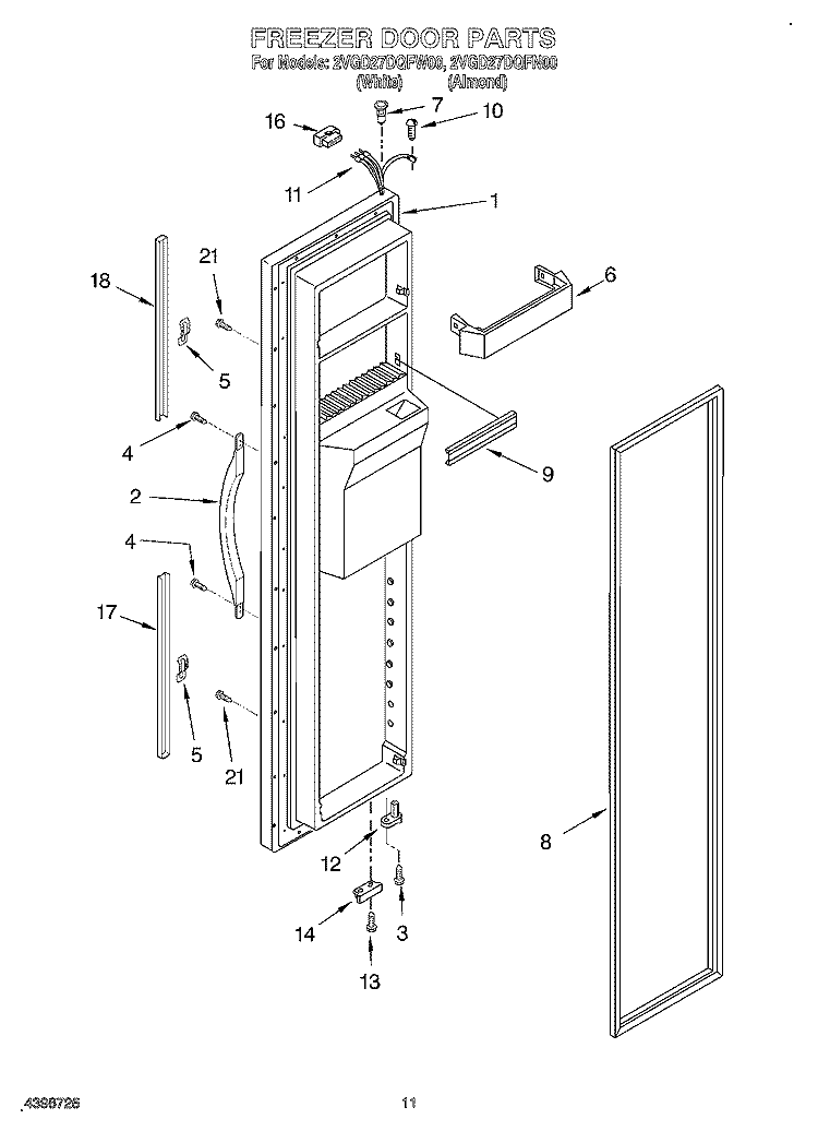 FREEZER DOOR Diagram and Parts List for 2VGD27DQFW00  Whirlpool Refrigerator