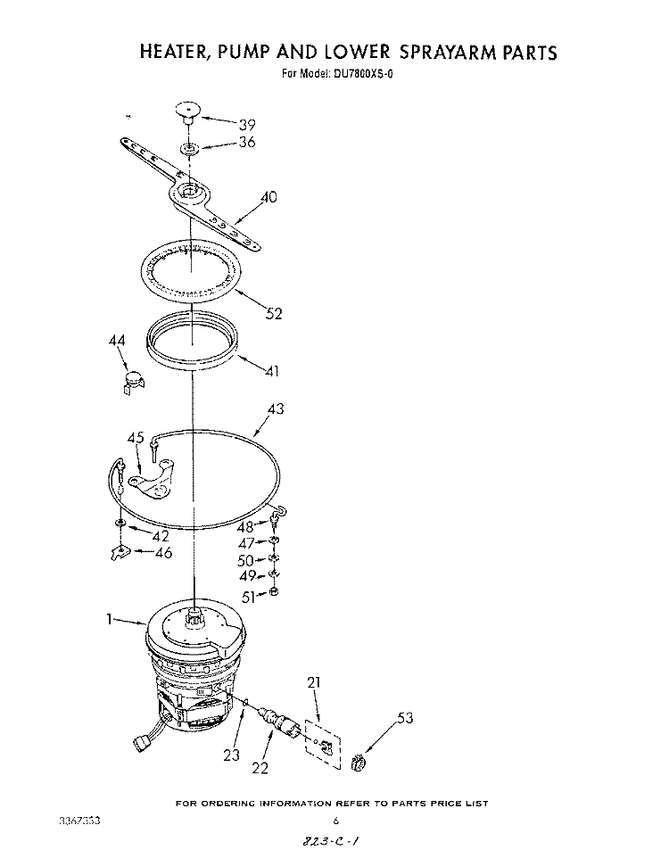 HEATER, PUMP AND LOWER SPRAY ARM Diagram and Parts List for DU7800XS0  Whirlpool Dishwasher