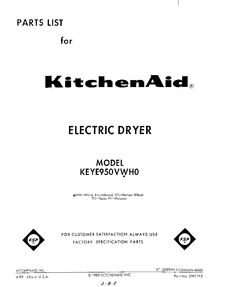 SECTION Diagram and Parts List for KEYE950VPL0  KitchenAid Dryer
