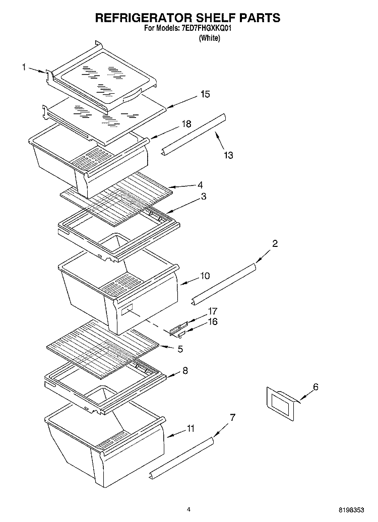 REFRIGERATOR SHELF Diagram and Parts List for 7ED7FHGXKQ01  Whirlpool Refrigerator