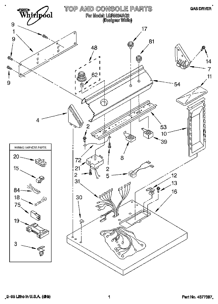 TOP AND CONSOLE, LIT/OPTIONAL Diagram and Parts List for LGR5634AQ2  Whirlpool Dryer