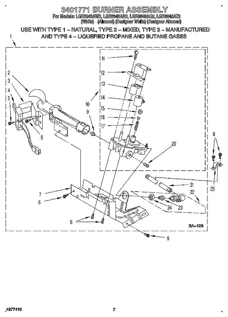 3401771 BURNER ASSEMBLY Diagram and Parts List for LGR6848AZ2  Whirlpool Dryer
