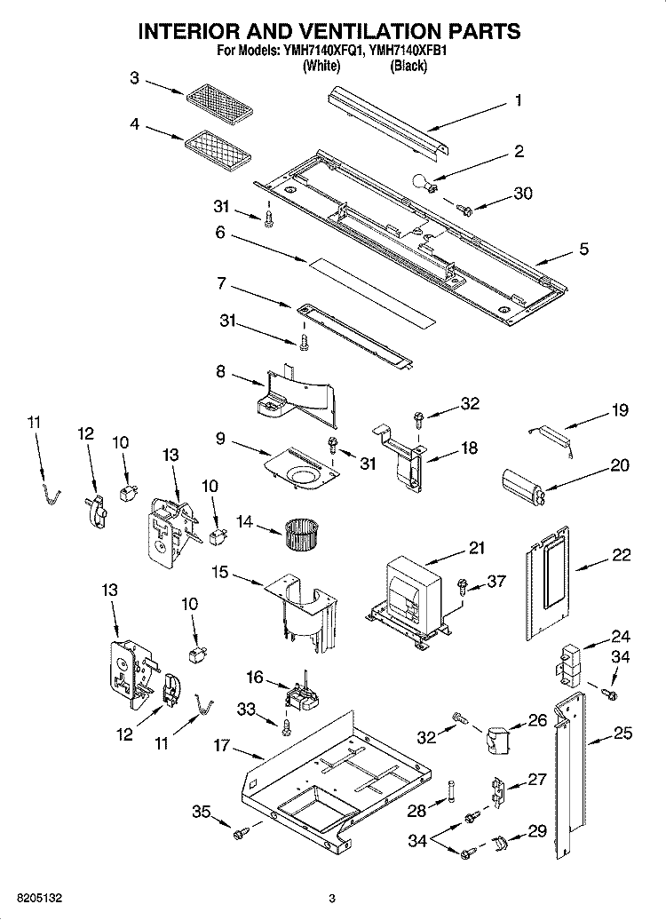 INTERIOR AND VENTILATION PARTS Diagram and Parts List for YMH7140XFB1  Whirlpool Microwave