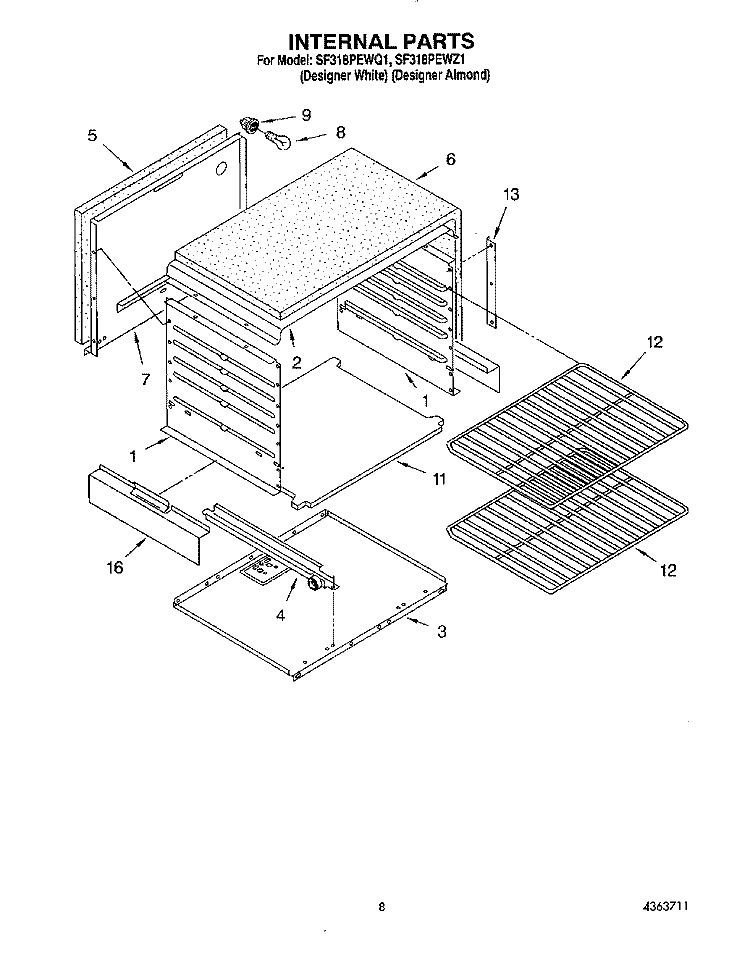 INTERNAL Diagram and Parts List for SF318PEWZ1  Whirlpool Range