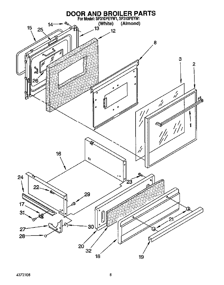 DOOR AND BROILER Diagram and Parts List for SF310PEYW1  Whirlpool Range